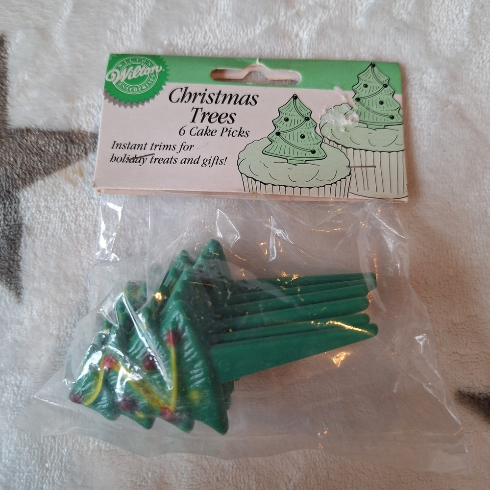 1991 Wilton Christmas Cake Cupcake Picks Trees 6 Pieces Sealed Package Vintage